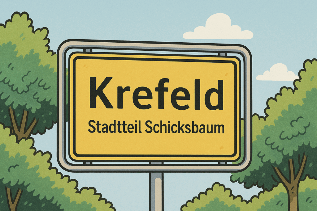Krefeld Schicksbaum COmic-Stil Ortsschild vor Bäumen.